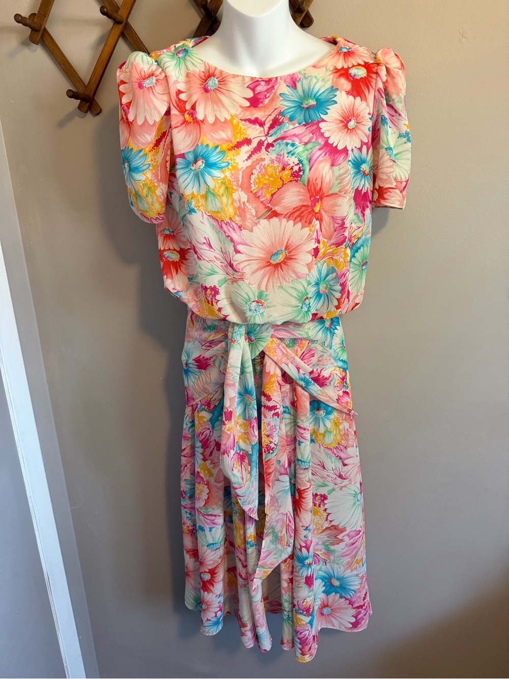 Vintage Algo Floral Print Midi Dress With Tie Waist Retro Pastel Size M